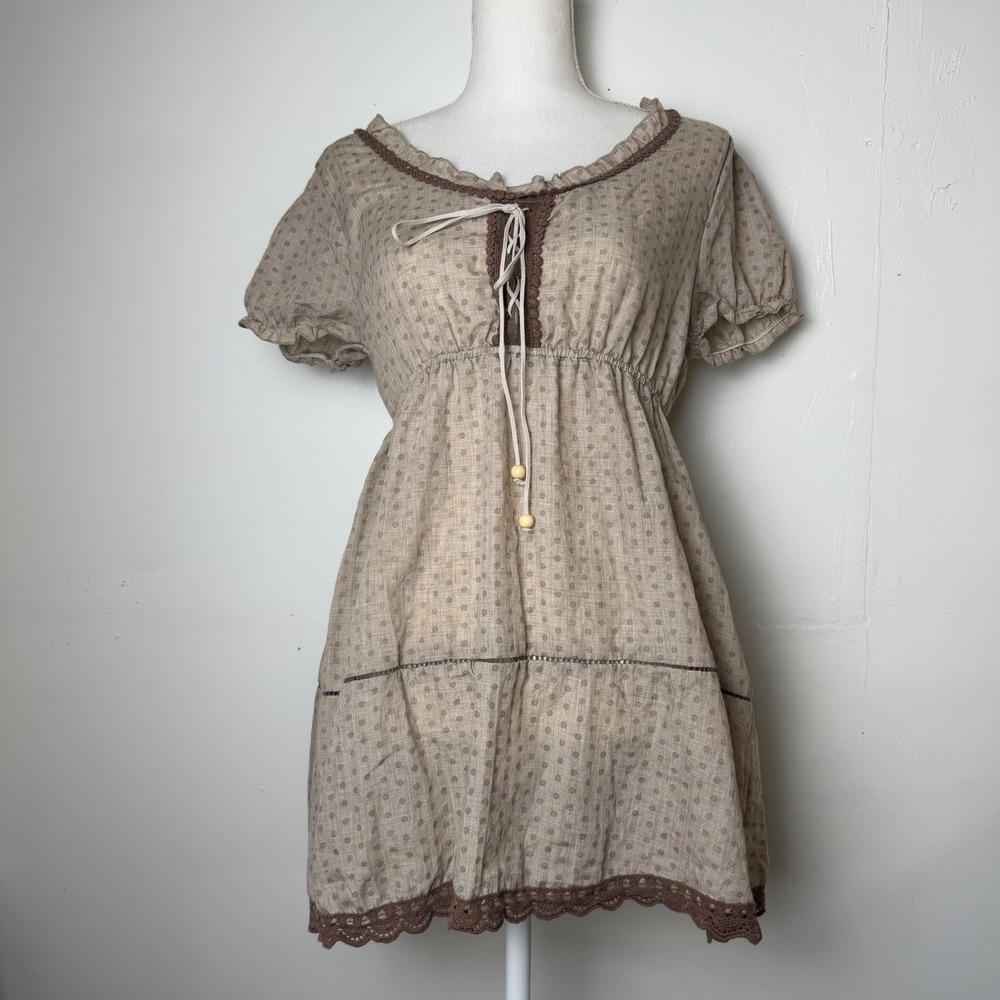 Boho Polka Dot Babydoll Mini Peasant Dress Tan Brown Crochet Trim Cottagecore L